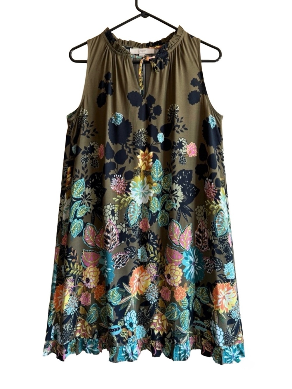 LOFT Sleeveless Swing Dress Floral Olive Green Ruffle Hem Women’s S